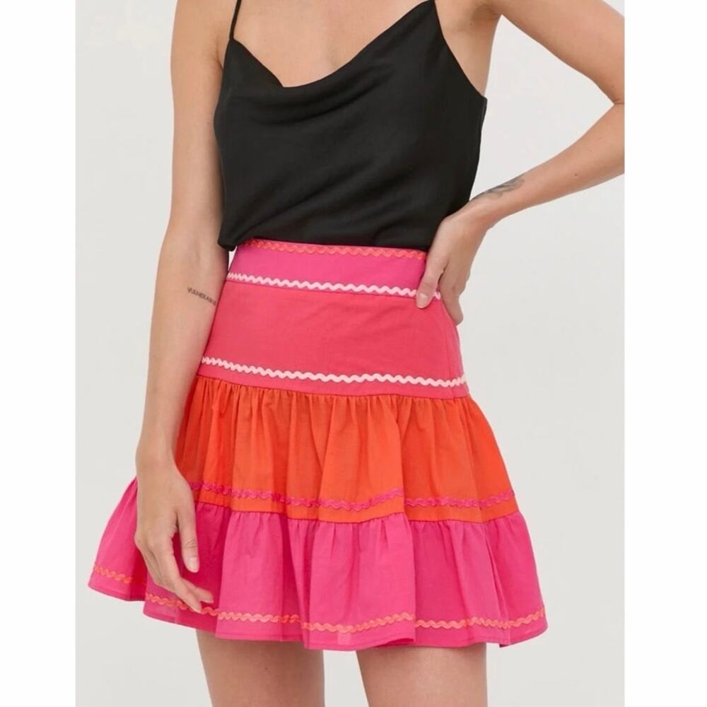 NWOT Twinset Milano Colorblock Tiered Mini Skirt Pink Orange Cotton Size Small